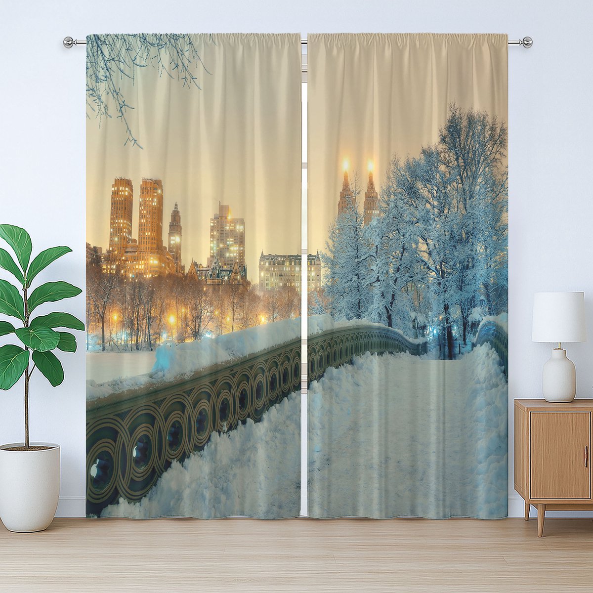ABAKUHAUS Rustiek wintergordijn, New York Central Park, slaapkamergordijn met plooien, lussen en haken, 280 x 260 cm, oranje, wit, olijfgroen