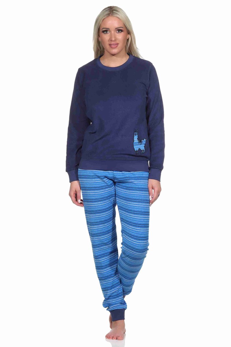 Normann Dames badstof pyjama, broek gestreept, top met schattig dierenmotief - ook in oversize navy