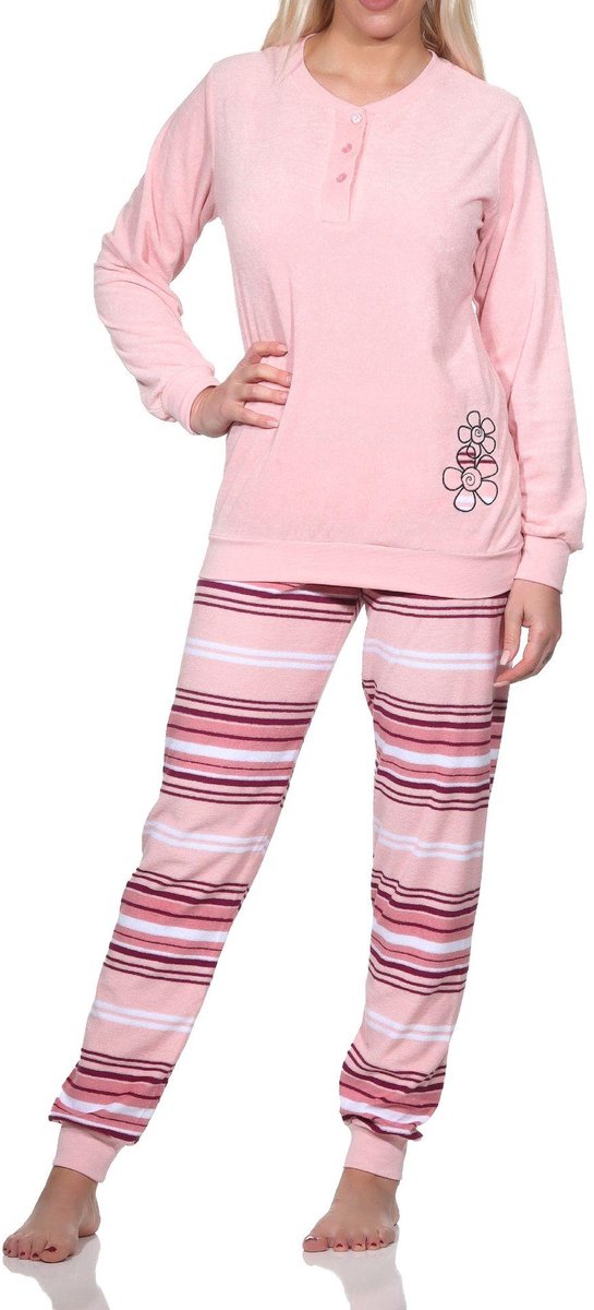 Normann Dames badstof pyjama lange mouw met manchetten - broek gestreept - ook in overmaten rosa