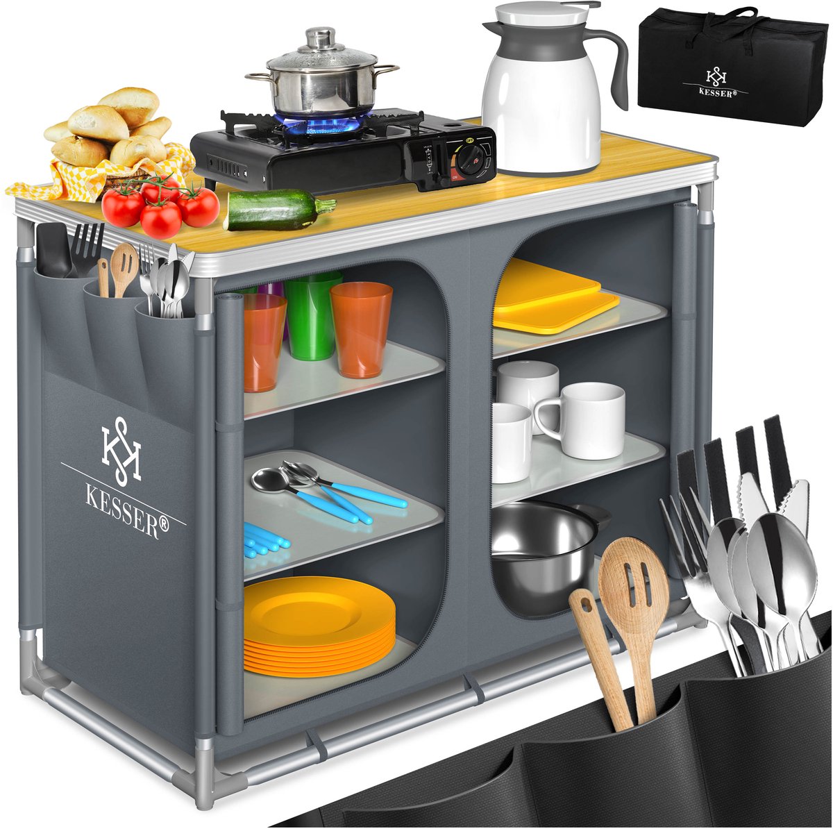 KESSER® Campingkeuken Opvouwbaar - Campingkast inclusief Opbergtas - Kampeerkeuken Kampeerkast Camping Keuken - Grijs / Typ F6