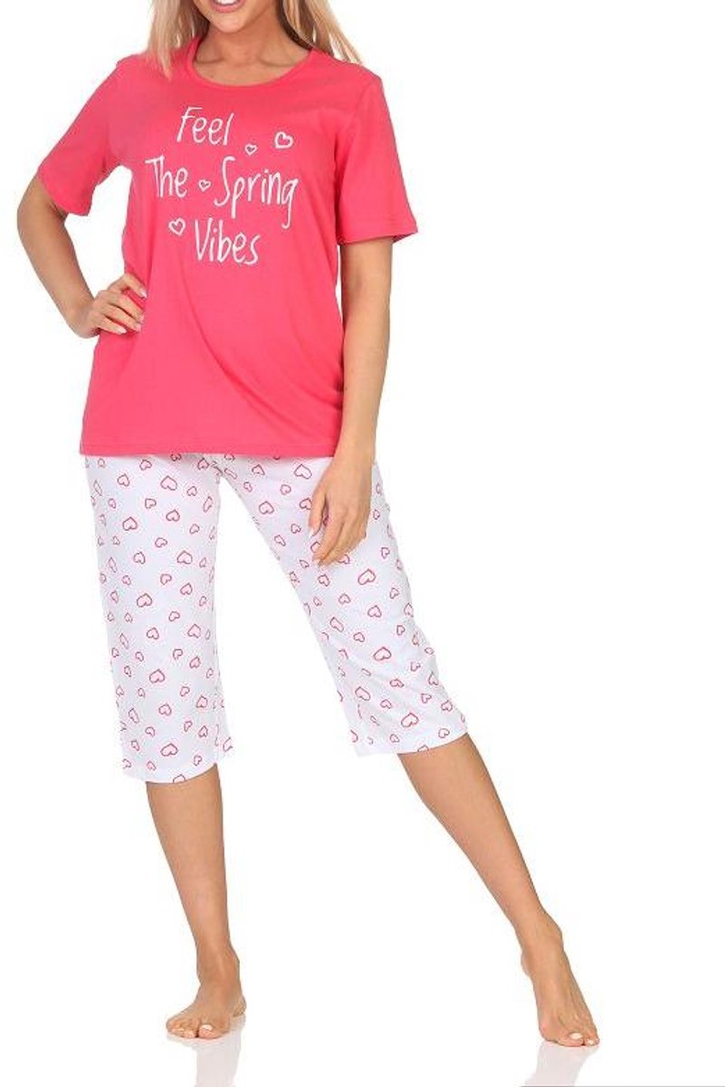 Normann dames pyjama korte mouw, pyjama capri broek in hartjeslook pink