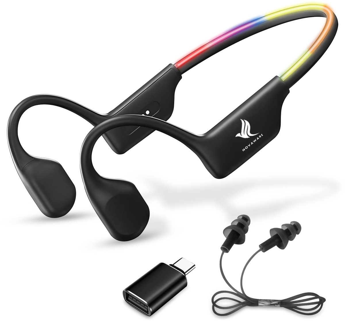 NovaWare Bone Conduction Headphone – Hardloop Oortjes Draadloos - Sport Oordopjes - Sport Oortjes - Open Ear Oortjes - 32GB Geheugen – Bluetooth - IP68 – Zwart