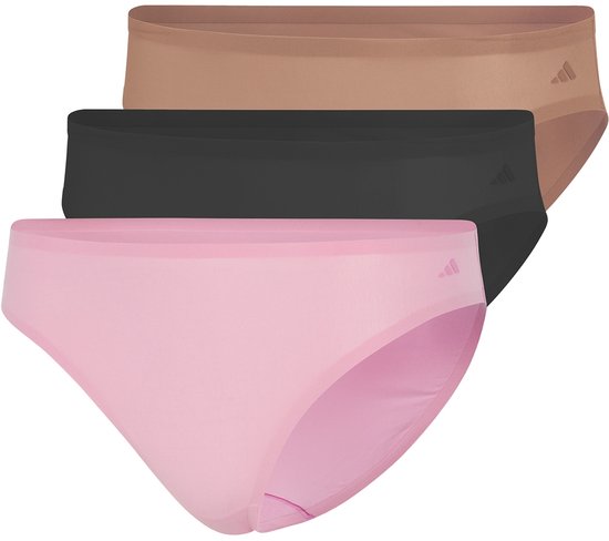 Drie bikinislips voor dames in roze, zwart en beige. Zonder zichtbare naden.