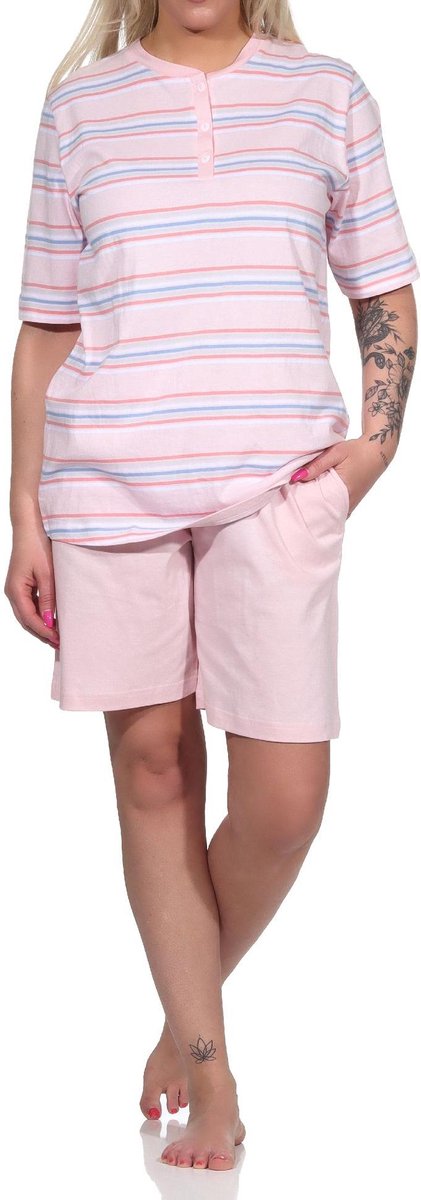 Normann Dames shortypyjama met korte mouwen in pastelkleurige strepen - 122 205 90 863 rosa