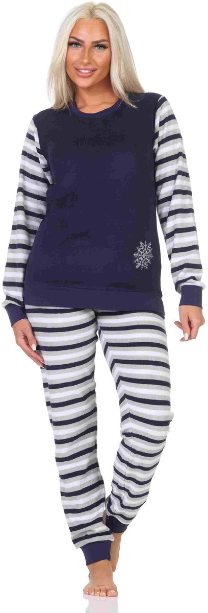 Normann Ringetjes Badstof pyjama voor dames met lange mouwen en ijskristallen navy
