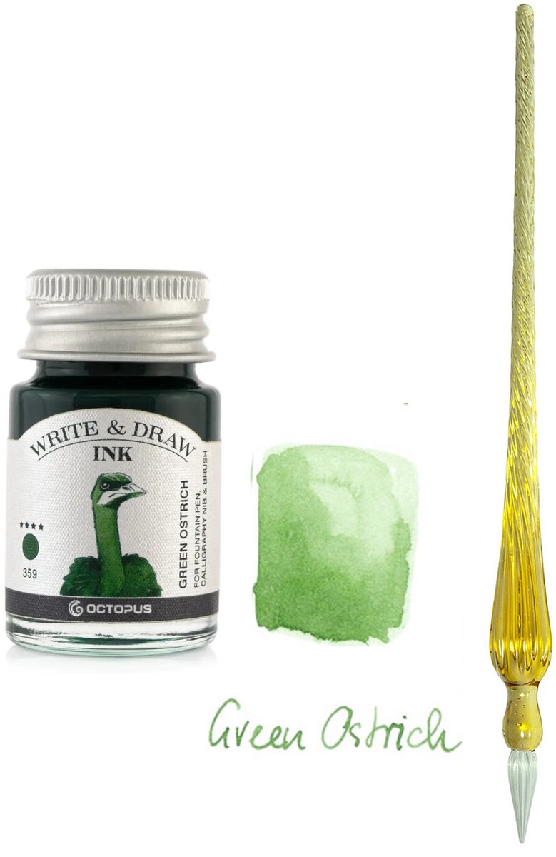 Glazen dip pen set Oranje - Potje Octopus inkt green ostrich