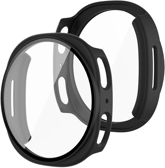 Twee zwarte screenprotector cases met glazen scherm voor de Samsung Galaxy Watch 8 44mm, de ene voor de andere.