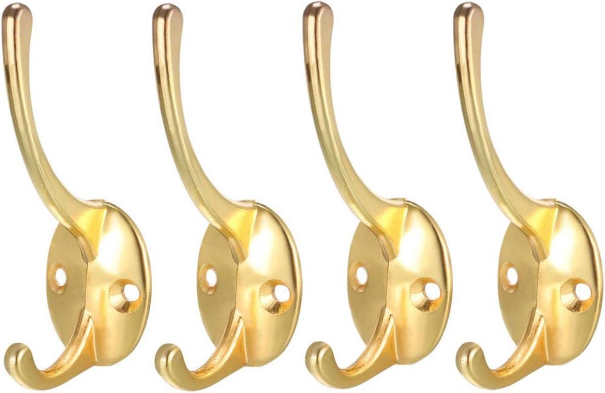 Allecto - Jashaken - Wandmontage - Vintage - Goud - Ophangers - Geschikt voor Wandmontage - Gouden Model - 4-delige Jashaken, Zware Jashaak voor Hoeden en Kleding, Vintage Stijl Haken voor Sleutels.