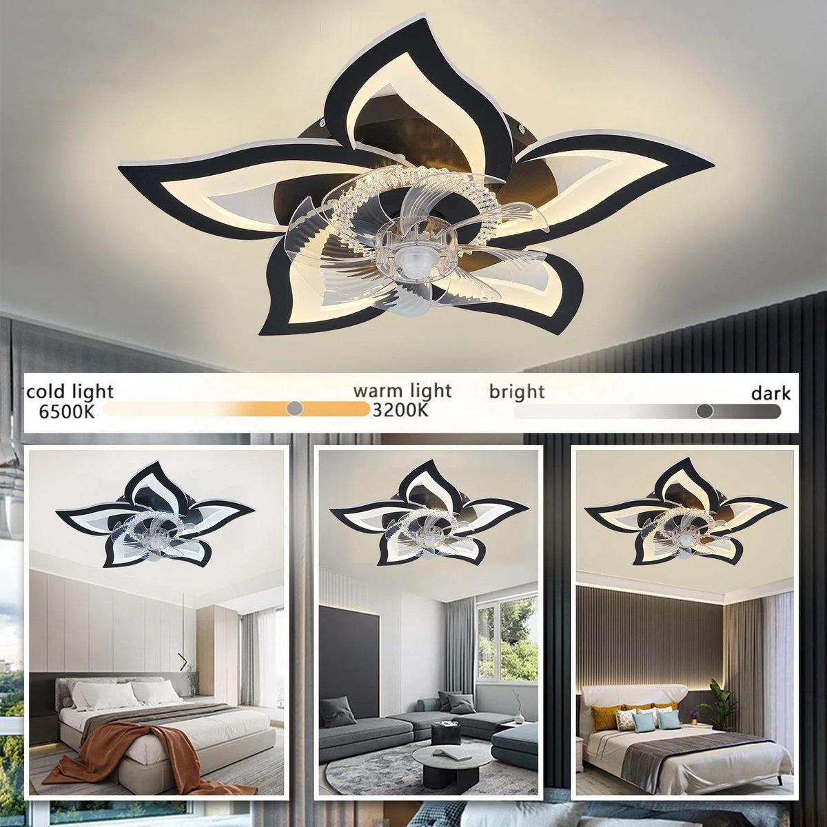 Lila Home Bloem LED Plafondlamp met Ventilator – Dimbaar met Afstandsbediening en App, Modern Woonkamerlicht
