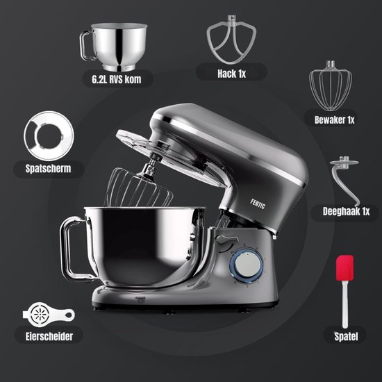 Zyrex® Mixer met Mengkom - Keukenmachine - Mixer - 6 Liter Mengkom - Zilver/Grijs - ‎38 cm x 24 cm x 32 cm van Merkloos — afbeelding 3