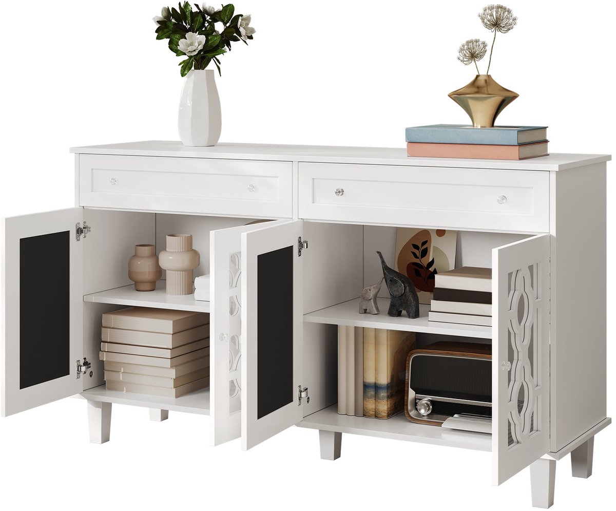 Merax Dressoir Met 4 Spiegeldeuren En 2 Lades – Verstelbare Planken - Kristalgrepen – Wit – 140x40x83 cm