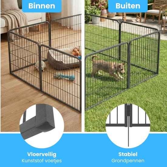 Zwarte metalen puppyren, opgesteld binnen en buiten, met vloerveilige kunststof voetjes en grondpennen voor stabiliteit.