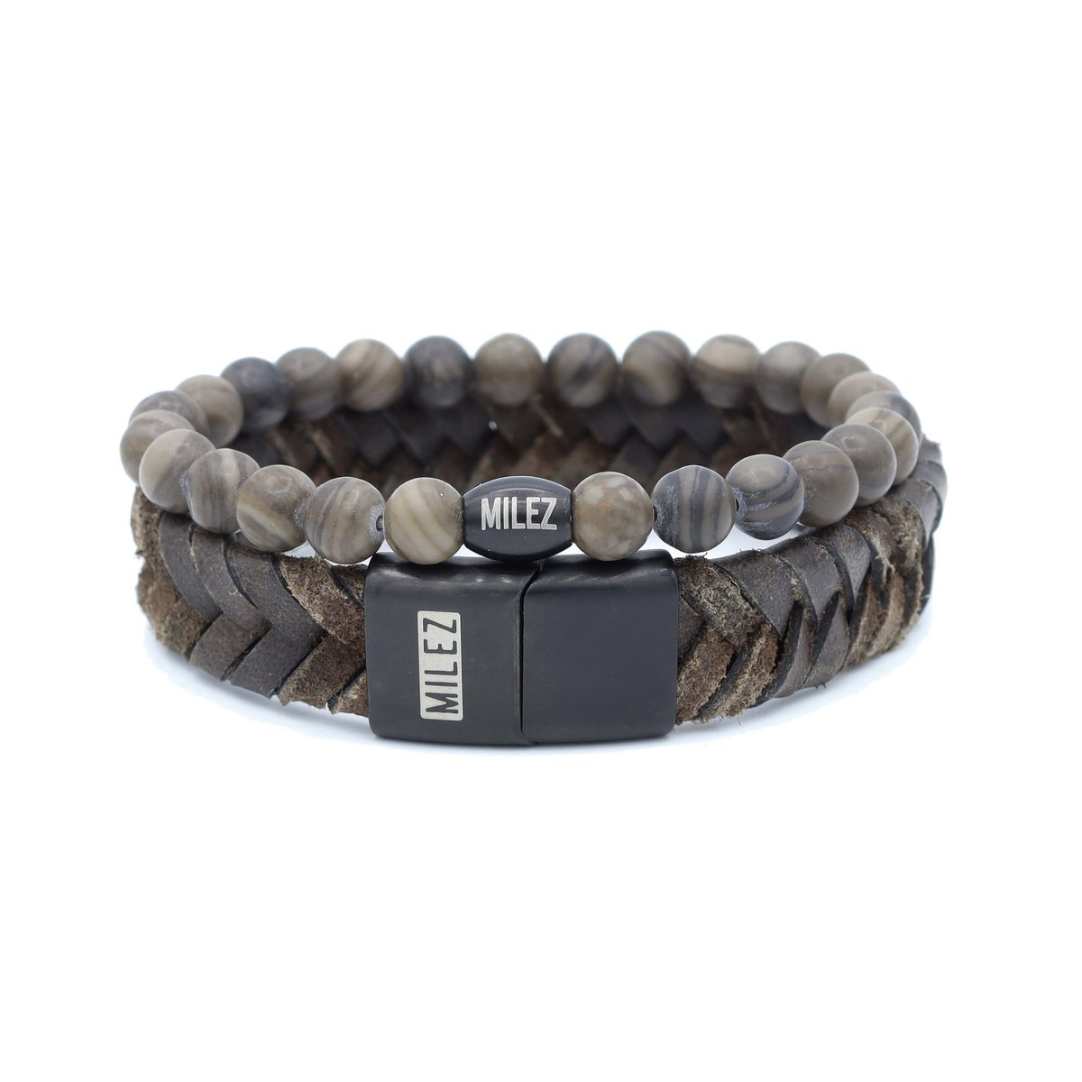 Milez - Armband set mannen - armband heren leer kralen - Grijs/Bruin - Maat M