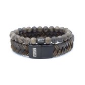 Milez - Armband set mannen - armband heren leer kralen - Grijs/Bruin - Maat M