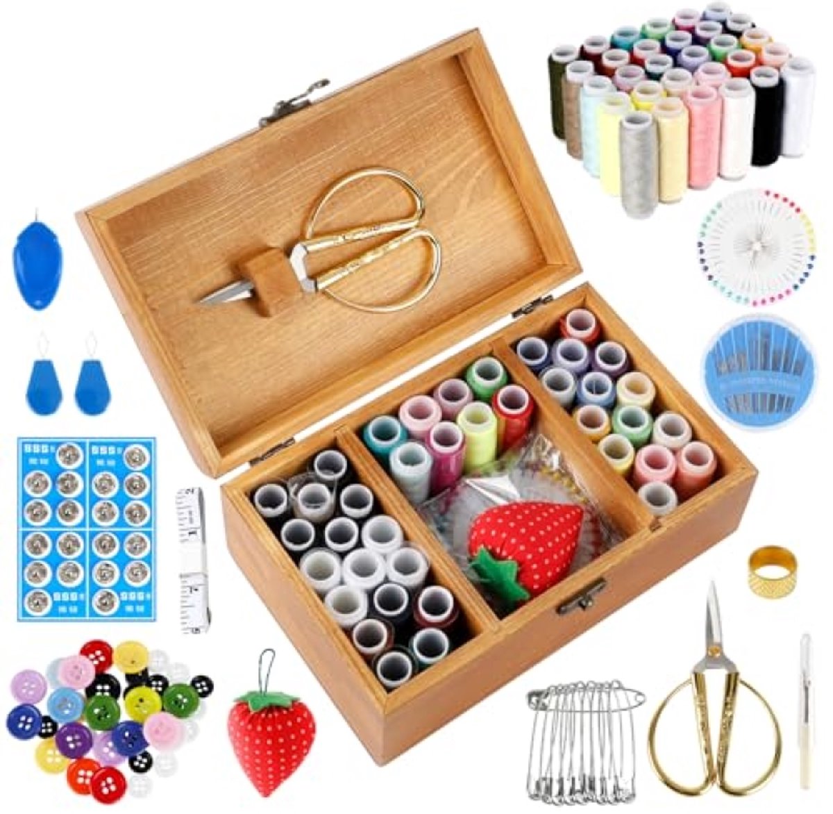 Complete naaiset in houten kist met schaar, draad en accessoires