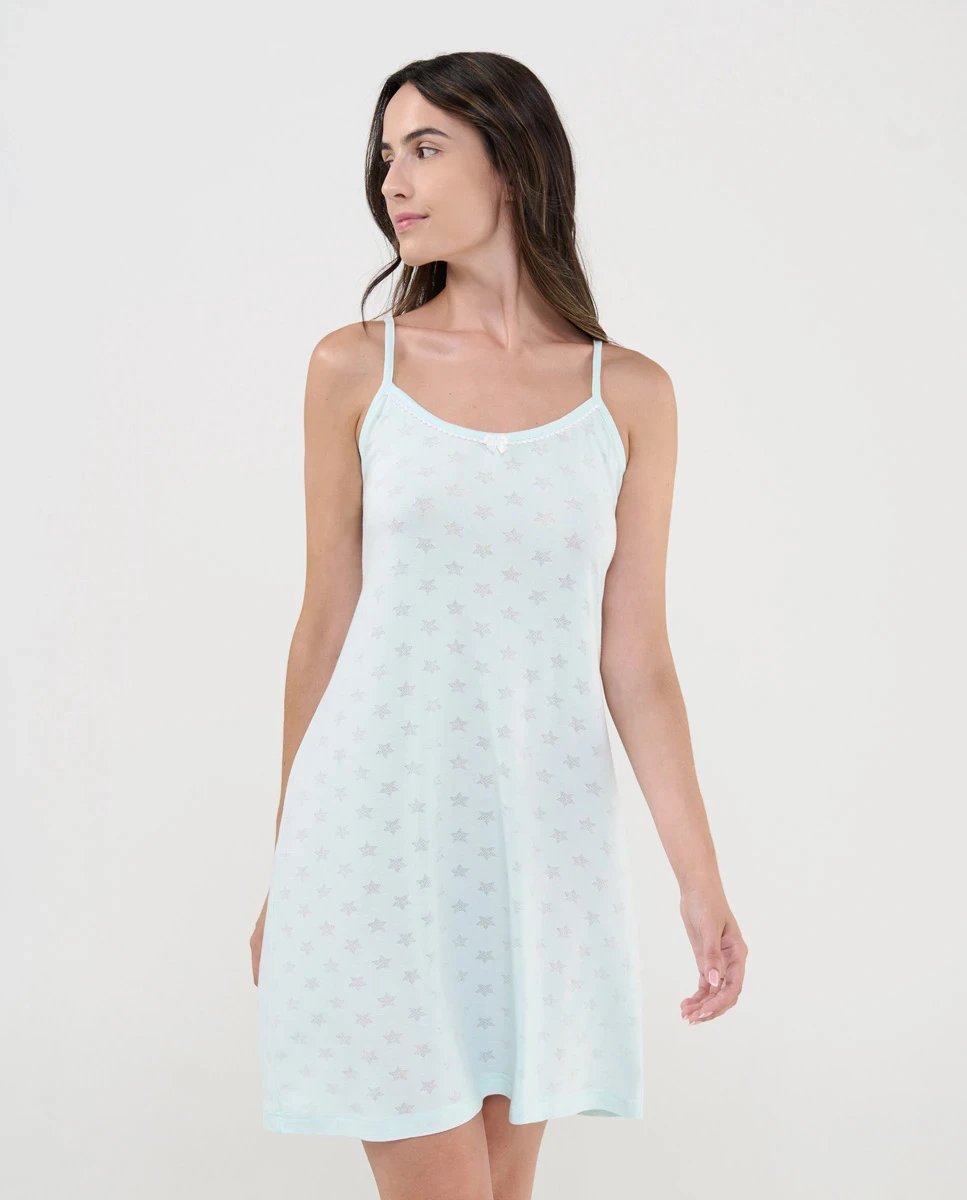 Lohe - Dames Nachthemd in viscose met Spaghettibandjes – Sterrenprint – Lichtgroen – Zacht & Comfortabel - L