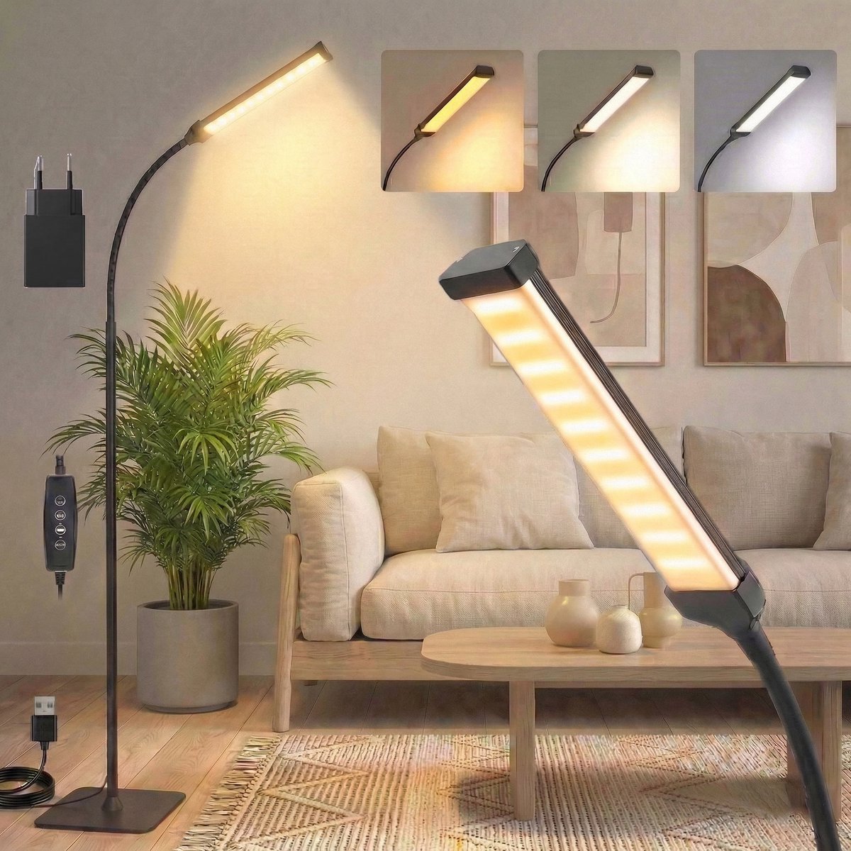 MUPOO LED Vloerlamp Hoogte Verstelbaar - Staande Lamp met Afstandsbediening & Timer -360° Flexibele Hals & Dimmar - Flexibele Leeslamp met Nachtmodus voor Bureau, Bank & Slaapkamer(stekker)
