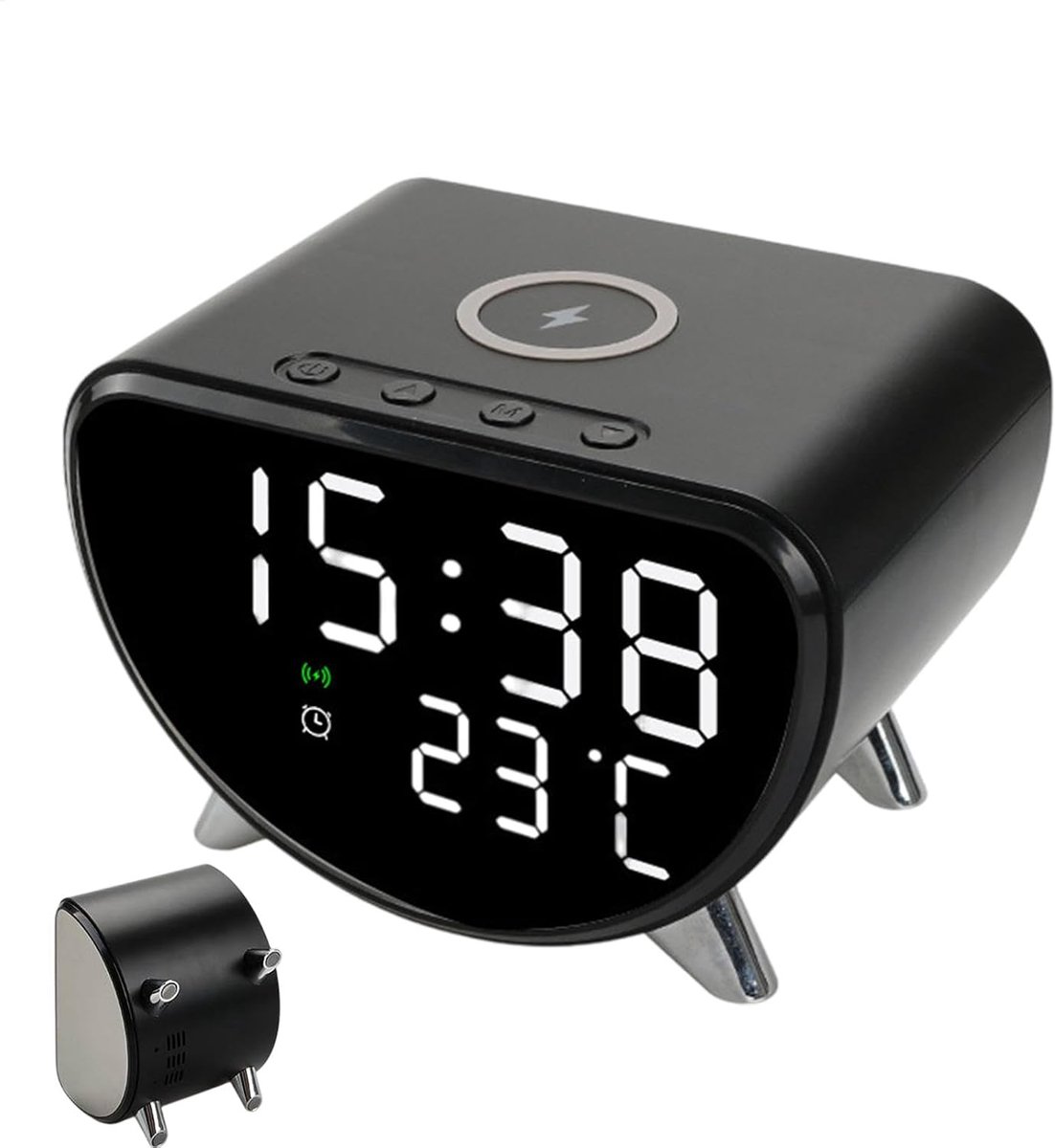 Wekker met Oplader - Digitale Klok - Slaapkamer Bureau - 15W Snel Draadloos - 11cm Breed - Zwart