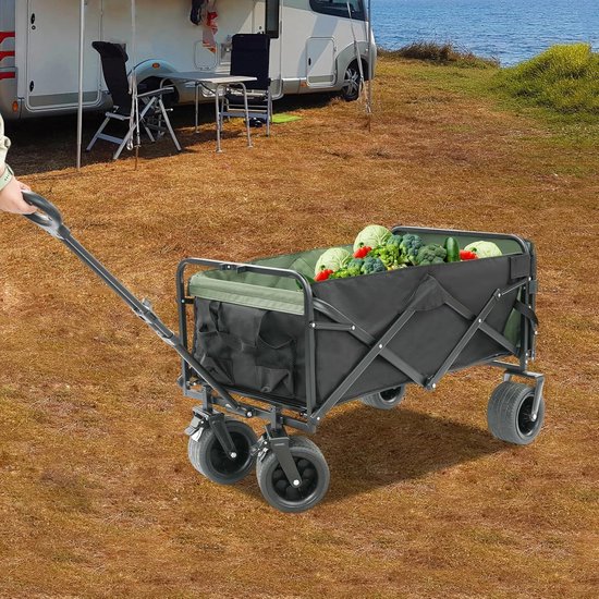 Opvouwbare Bolderkar - Campingwagen Handwagen - Strand Tuin Winkel - 4 Wielen Met Rem - 90x50x55cm - Zwart Groen van Opvouwbare Bolderkar — afbeelding 4
