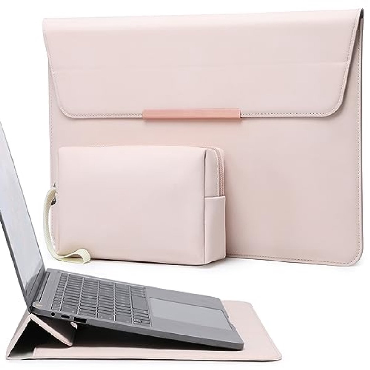 15 inch laptophoes met standaard en opbergzak - Abrikoos