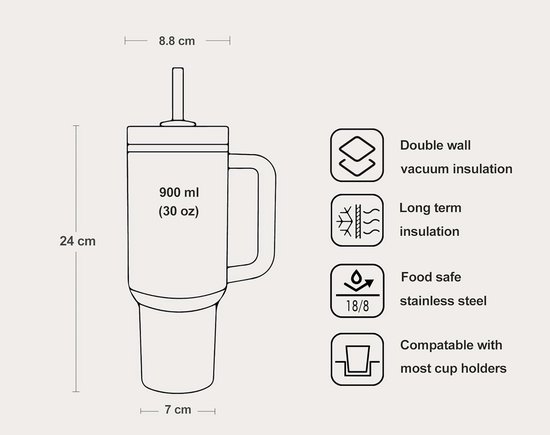 Grote Geïsoleerde Beker - Thermos Mok - Onderweg Dranken - Dubbelwandig Roestvrij Staal - 7 x 7 x 24 cm — afbeelding 2