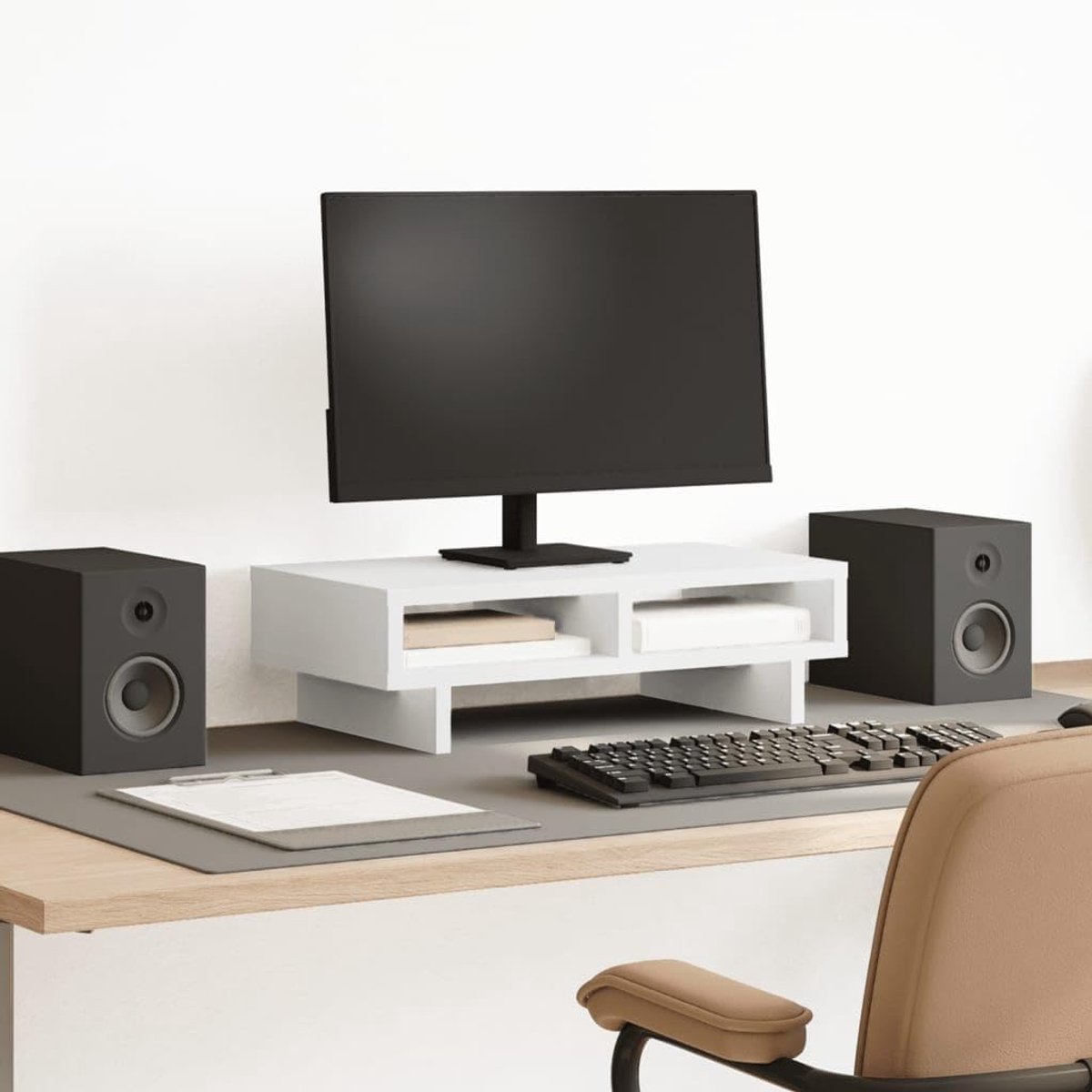 Monitor Verhoger - Bureau Organisatie - Ergonomisch Werken - Stabiele Houtconstructie - 50 x 27 x 15 cm - Wit