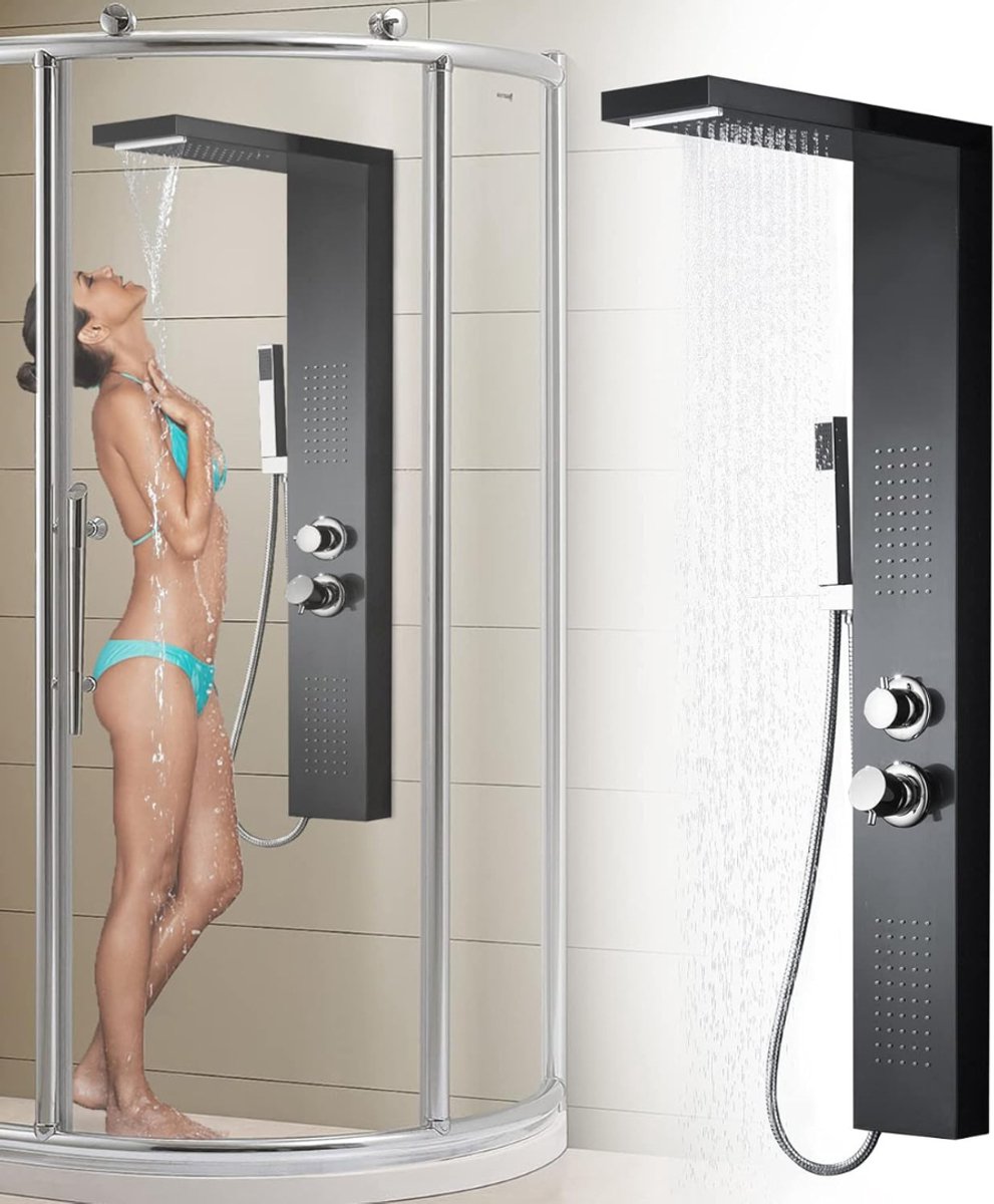 DEXO® Douchepaneel met Thermostaatkraan -Douchekolom - Douchepaneel Hoekmontage - Matzwart - 115cm x 47cm x 20cm