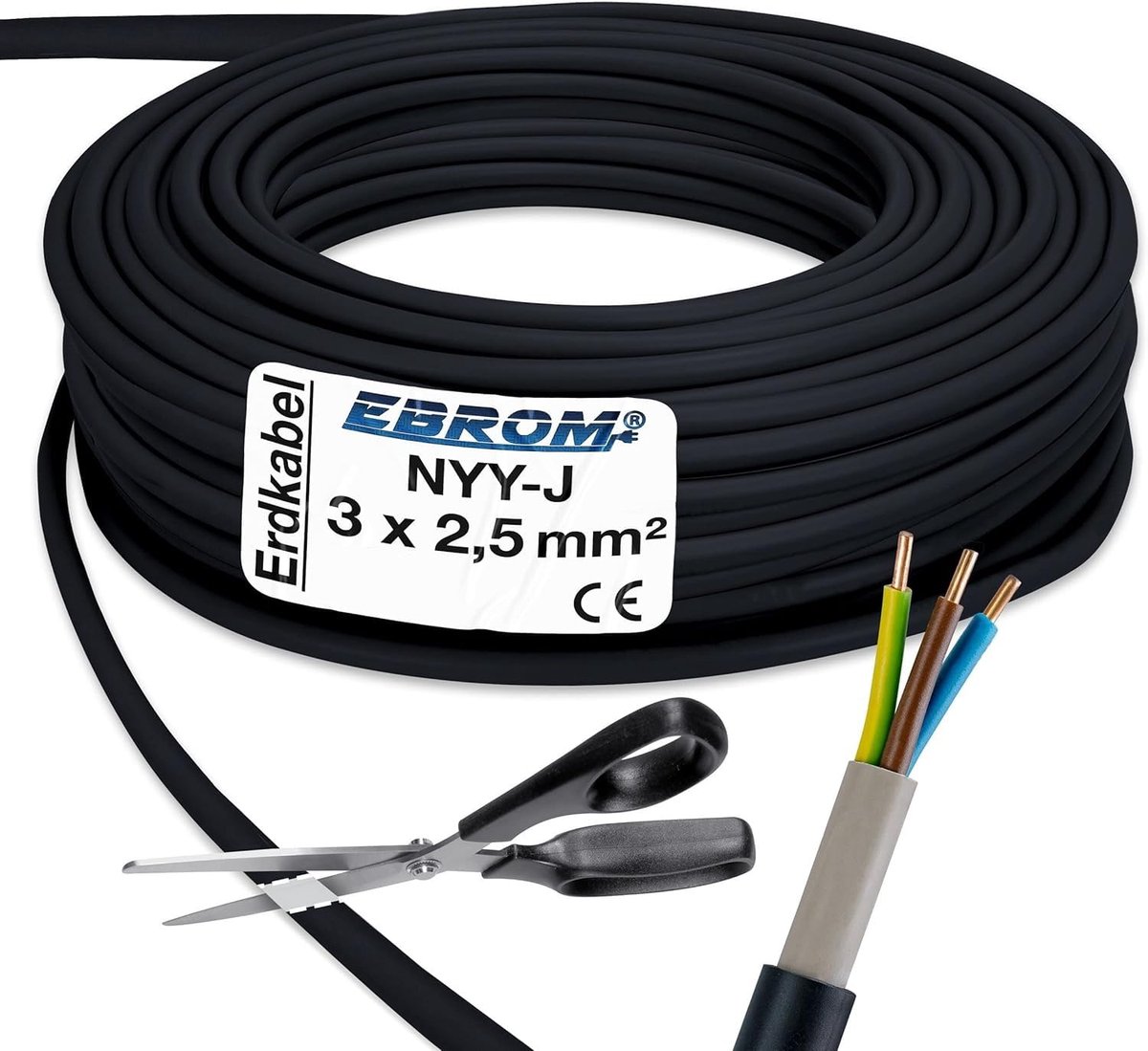 Aardkabel NYY-J - Stroomkabel - Buiten Installatie - Koperen Geleiders - 3 x 25 mm² - Zwart