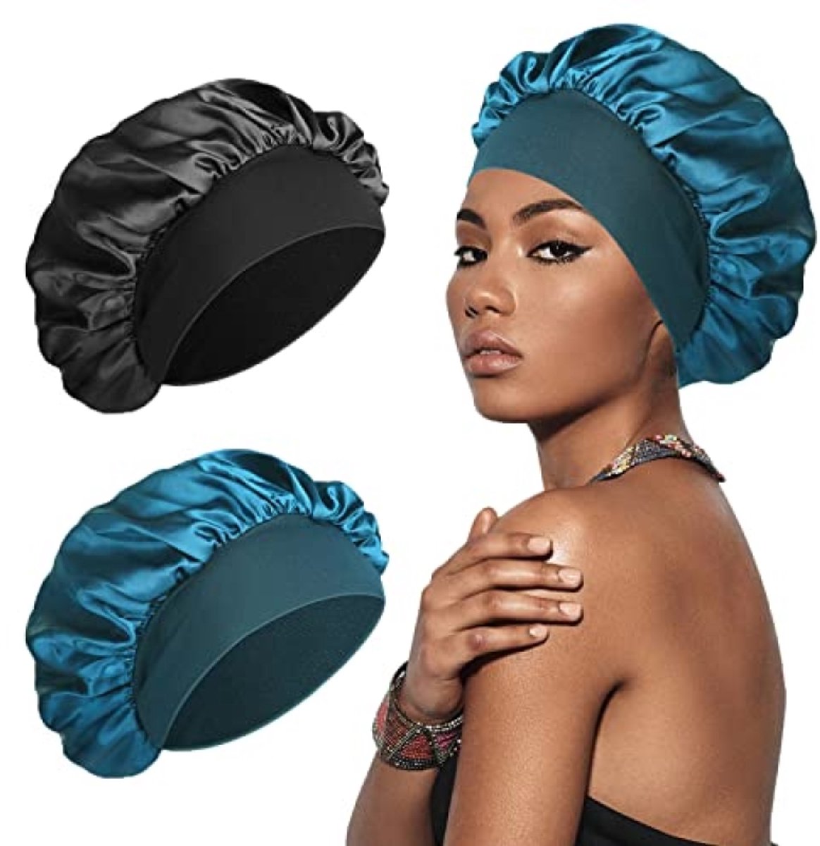 PromoHome Zijden slaapmuts set - 2 stuks - Satijn voor haarbescherming - Zwart en Blauw