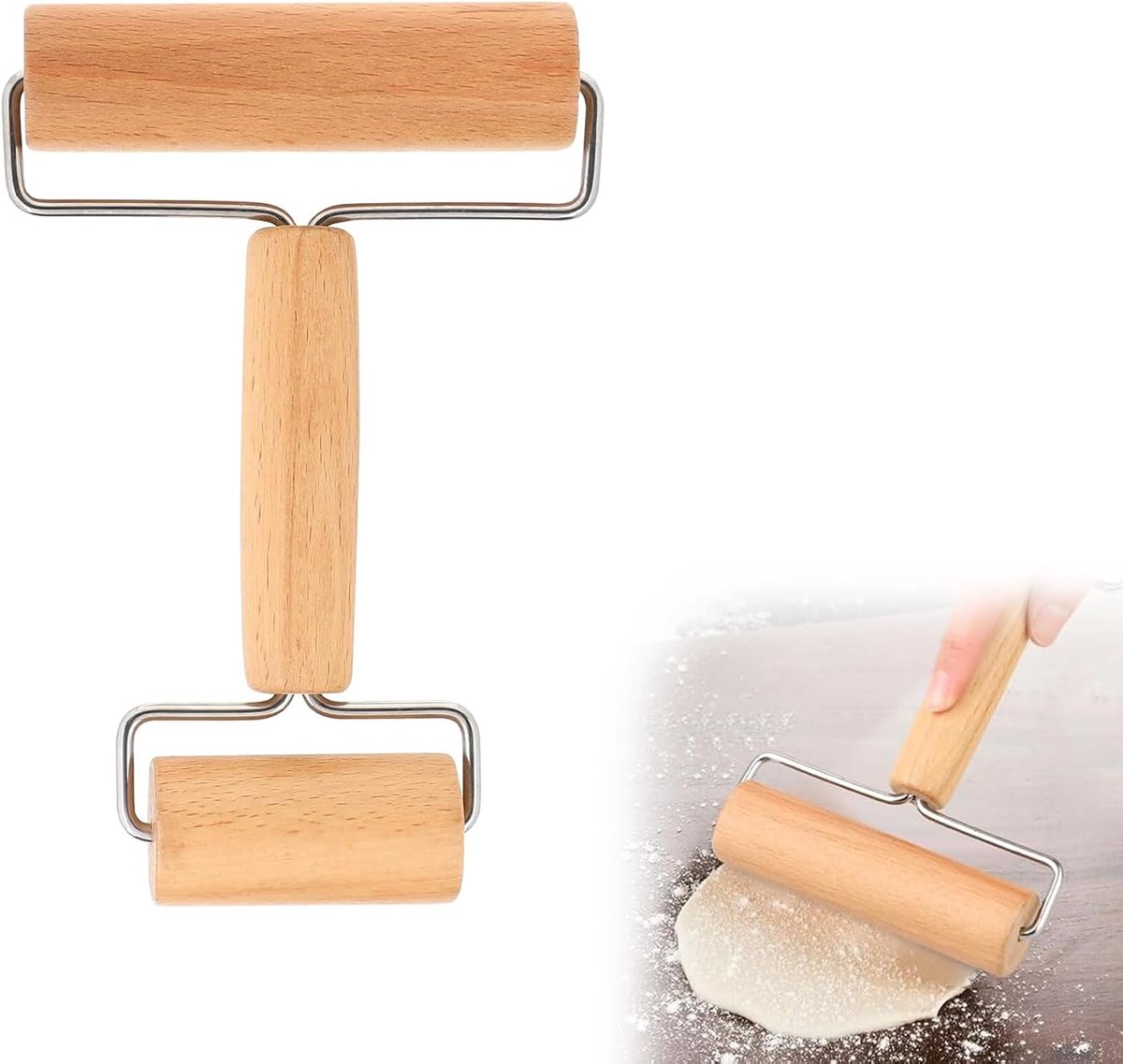 Deegroller T-model - Keukenroller Hout - Bakken Desserts - Dubbele Rollen - 177 cm - Houtkleur