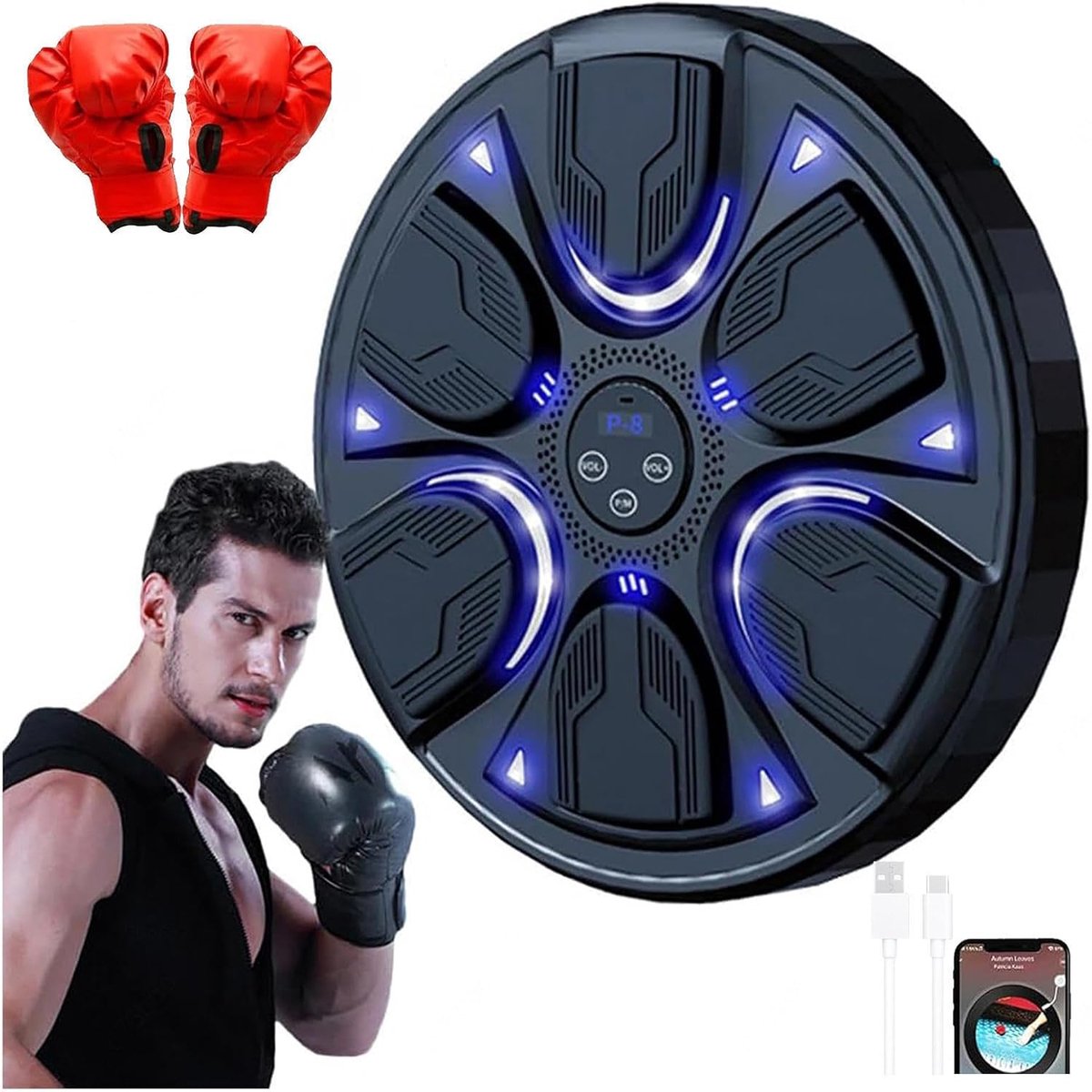 Muziek Boksmachine - Wandtrainer Boksen - Thuis Fitness - Met Verlichting - 42.5 cm - Zwart