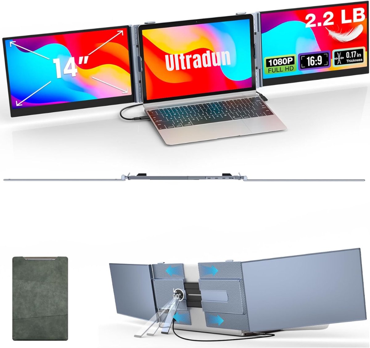 SVN®Professionele Portable Monitor Pro 2024 - Full HD - 13” / 17,4” Tri-Screen - Laptop Scherm Uitbreider - Zilver- ‎35cm x 21cm x 2cm