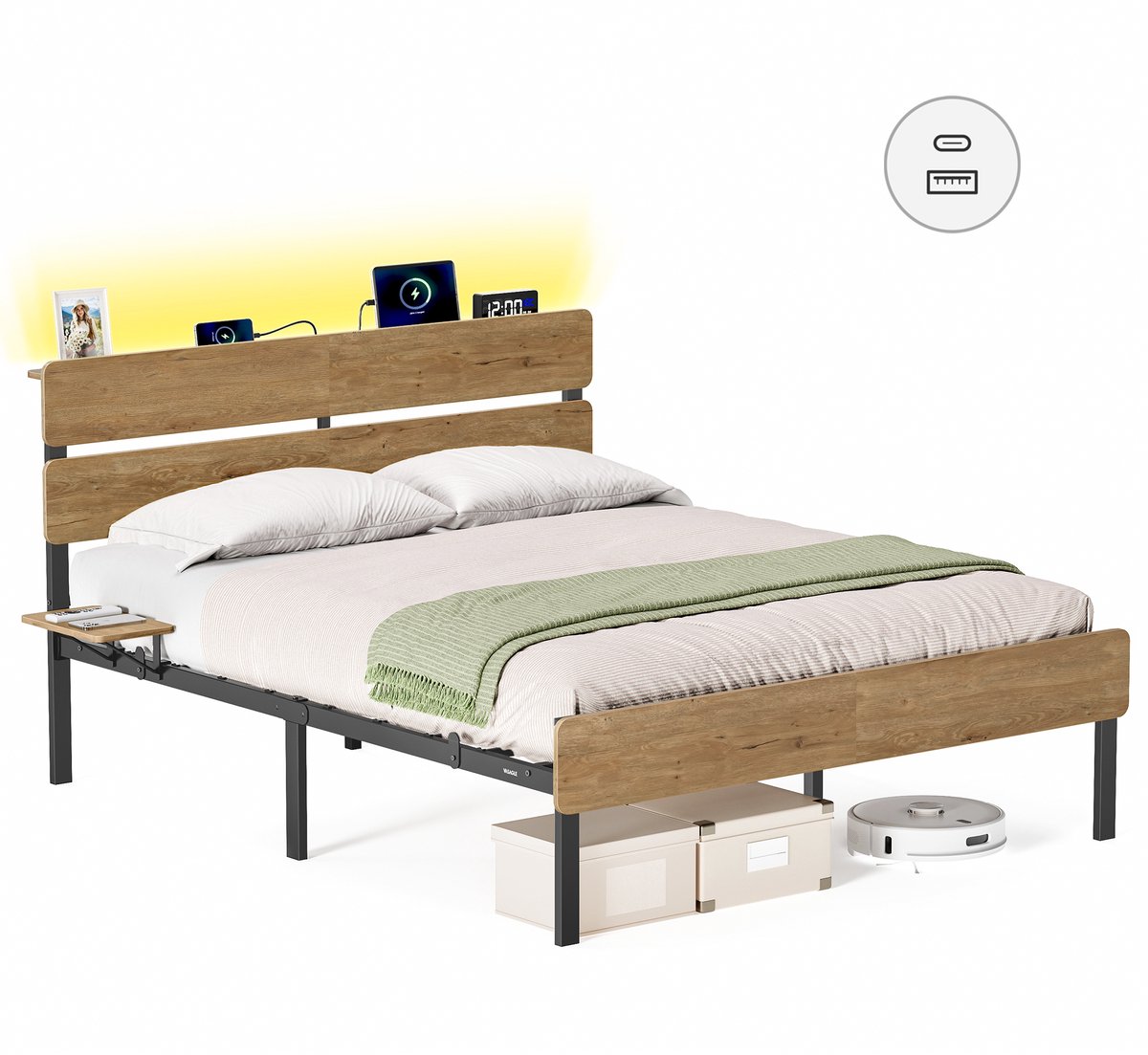 Vasagle Bed - Met LED-verlichting - USB-A & USB-C Poorten - Onderbedopslag Naturelbruin