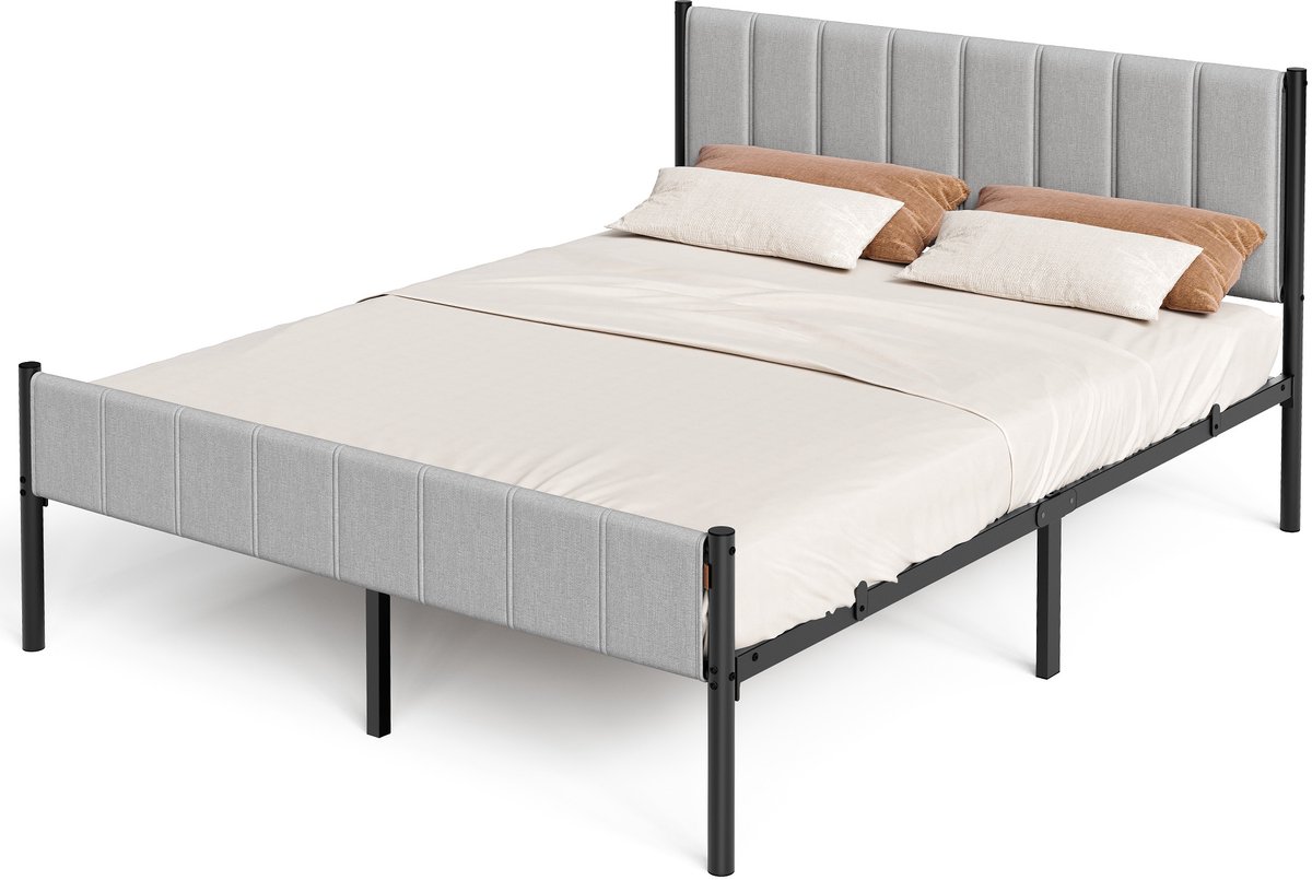 Vasagle Bed - Metalen Bed - Gestoffeerd Hoofdbord - Stalen Lattenbodem - Draagvermogen 500 kg Duifgrijs