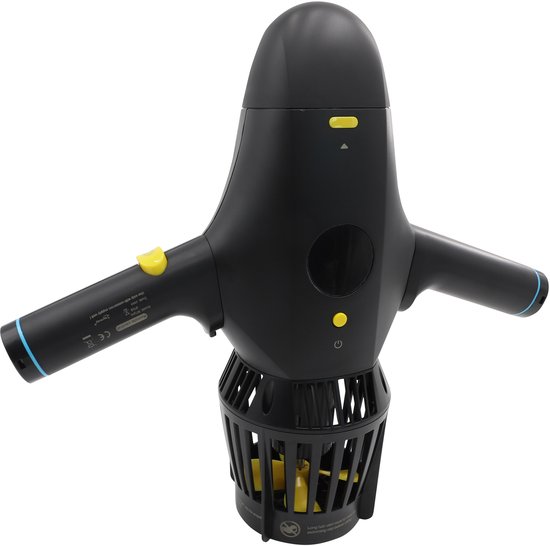 Scooter sous-marin noir avec des détails jaunes, deux poignées et une cage de protection.