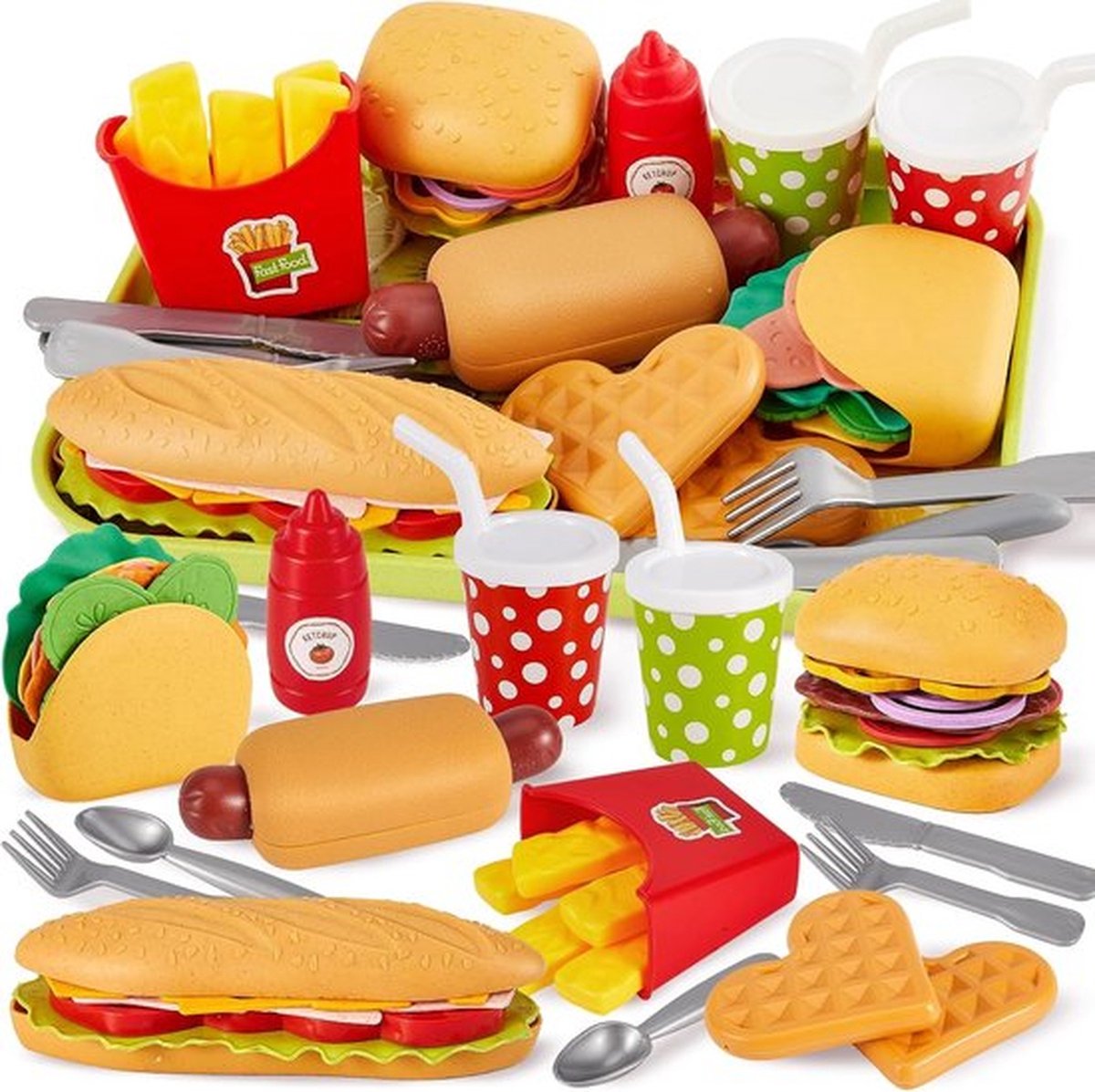 Speelgoedset met eten - Speelgoed fastfood - Speelkeukenaccessoires voor kinderen, peuters en kleuters - Plastic speelgoedvoedselsets - Speelgoedcadeaus voor fantasiespel voor kinderen van 3, 4 en 5 jaar en ouder
