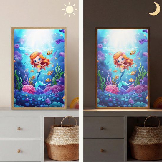 Nachtlampje 40x60 cm - Kinder lamp - Zeemeermin - Onderwaterwereld - Vissen - Oceaan - Tafellamp kinderkamer draadloos - Slaapkamer lampje - Bedlamp kinderen - Kinderlampje - Wandlamp babykamer - Nachtlampjes van OnlyWow — afbeelding 4
