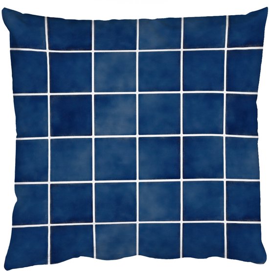 Coussin bleu avec un motif de carreaux et des lignes blanches.