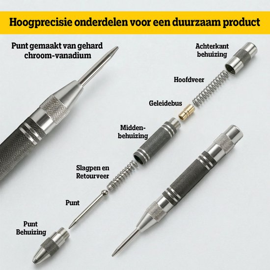 Gehard chroom-vanadium punt, achterkant behuizing, hoefdveer, geleidebus, midden behuizing, slagpen en retourveer, punt behuizing, punt.