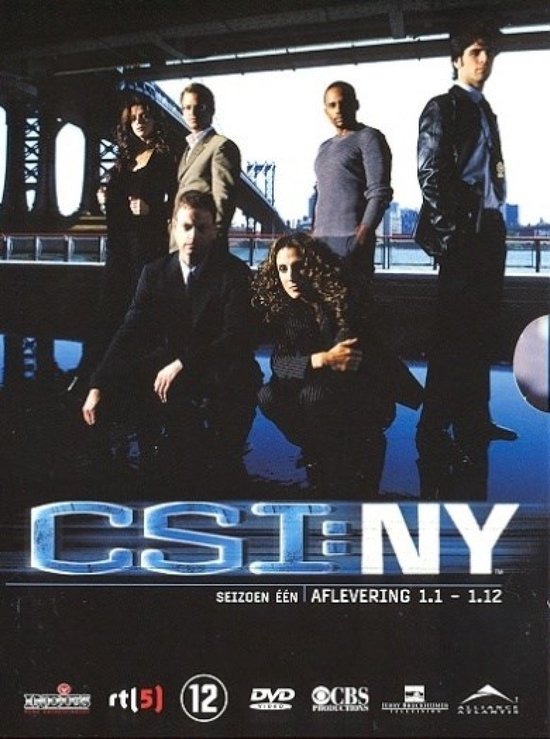 CSI: NY-logo met zes hoofdrolspelers in driedelig pak, kleding, bijpassende outfits, bijpassende accessoires, stadsgezicht op de achtergrond, rivier, brug.