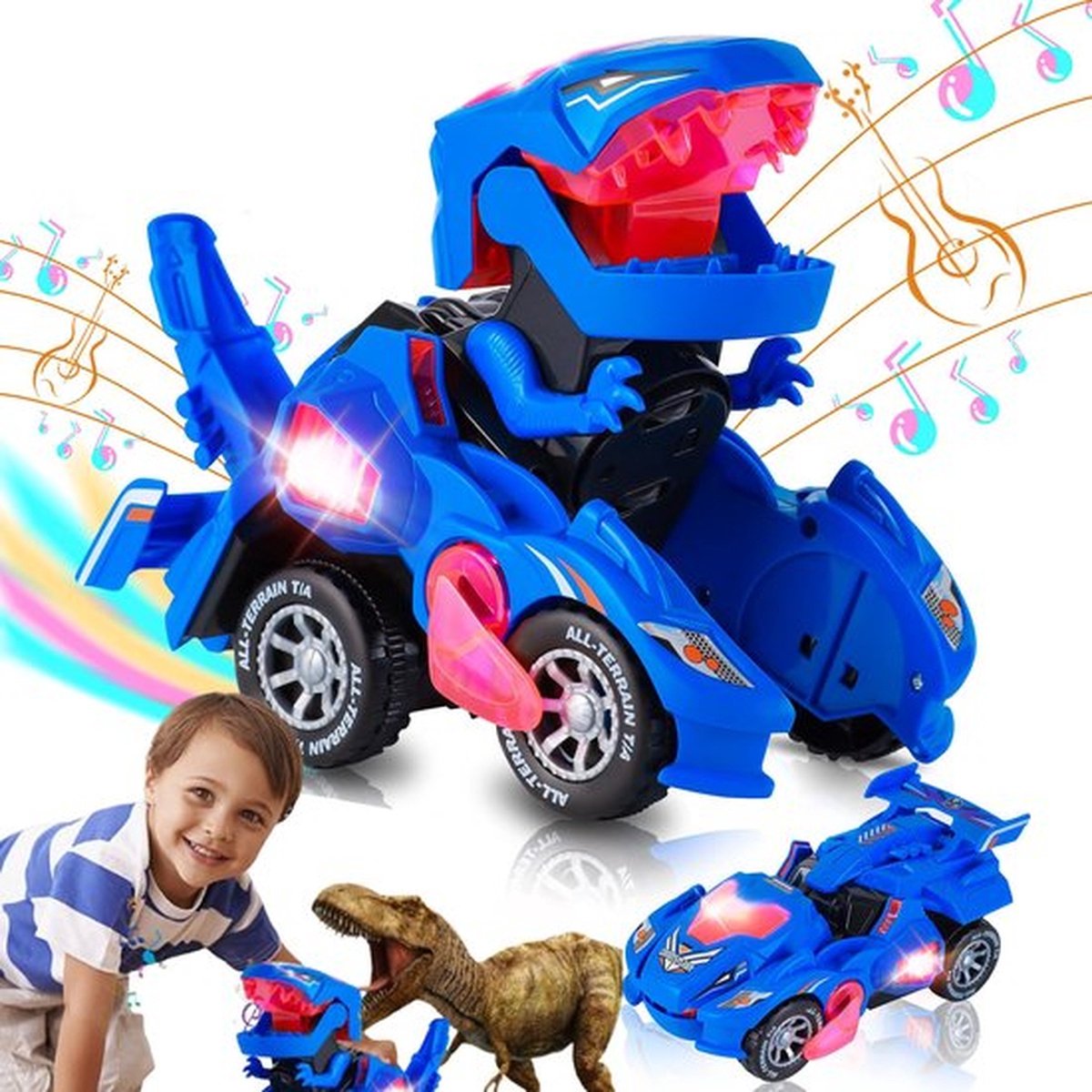 Transformerende auto met led-licht en muziek - Dinosaurus speelgoed - Cadeaus - Speelgoed voor jongens van 3-6 jaar - Blauw