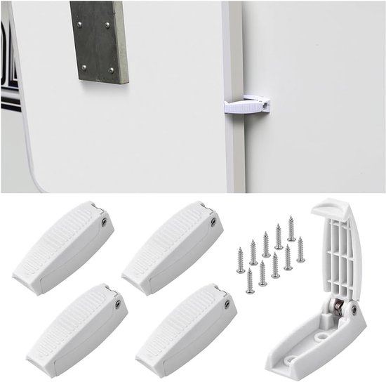 Witte deurvangerkit met scharnierende delen en schroeven.