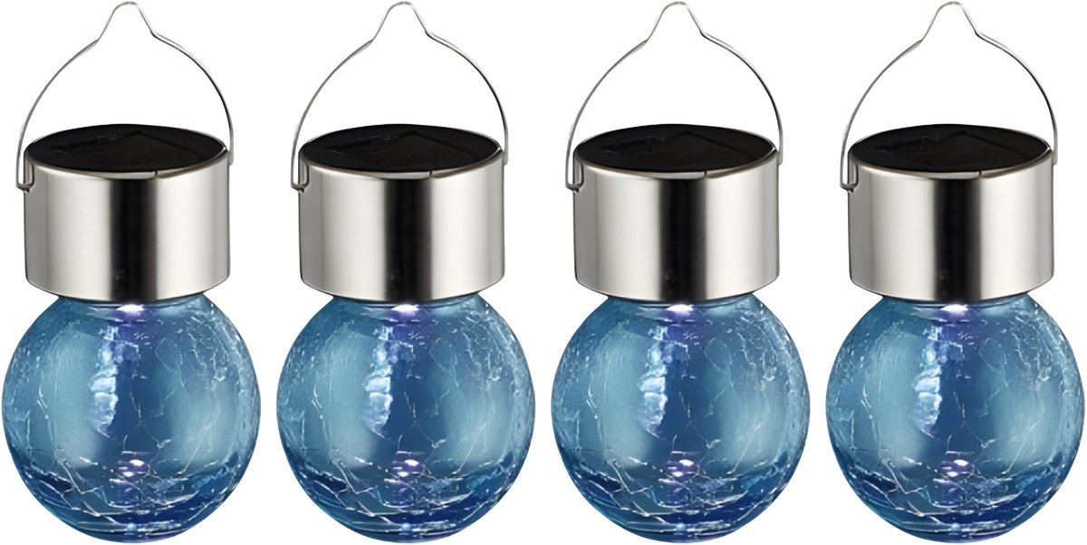 Sunnydays Solar sfeer hanglamp - 4x - tuin - lampenbol - blauw - glas - 9 cm - ophang haak