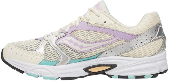 Crème Saucony sneakers met paarse, zilveren en lichtblauwe accenten, zijaanzicht.