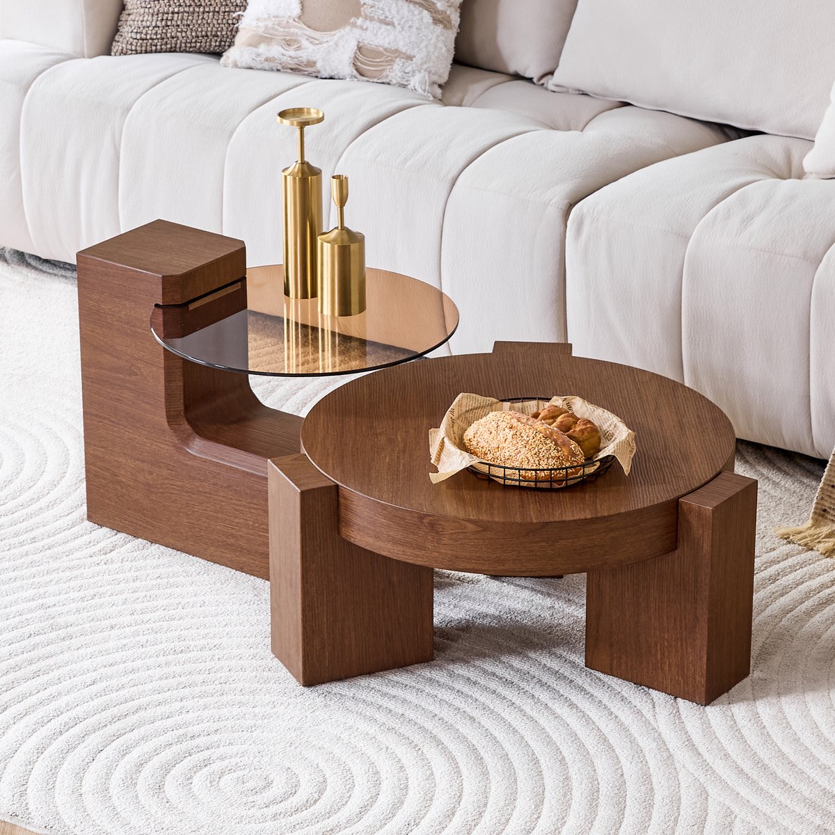 REDOM Salontafelset - Rond Tweelaags Ontwerp - Deelbaar - Modern - Woonkamer - MDF Met Houtlook En Glas - Walnootkleur Okkernoot