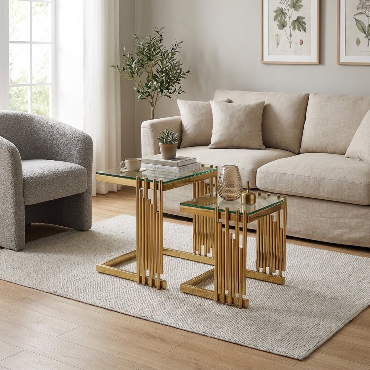 REDOM Set Van 2 Vierkante Bijzettafels - Gehard Glas - Roestvrijstalen Frame - Modern - Woonkamer Of Balkon - Goudkleurig Transparant Goud+Helder
