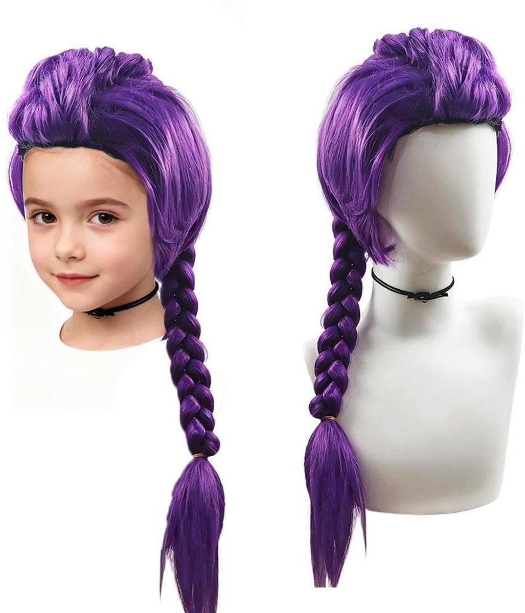 Daity 1 Kinder Hunter Cosplay Pruik – Anime Demon Cosplay Pruik, Unisex, Paarse Vlechten, Realistische Cosplay Prop (Paars)