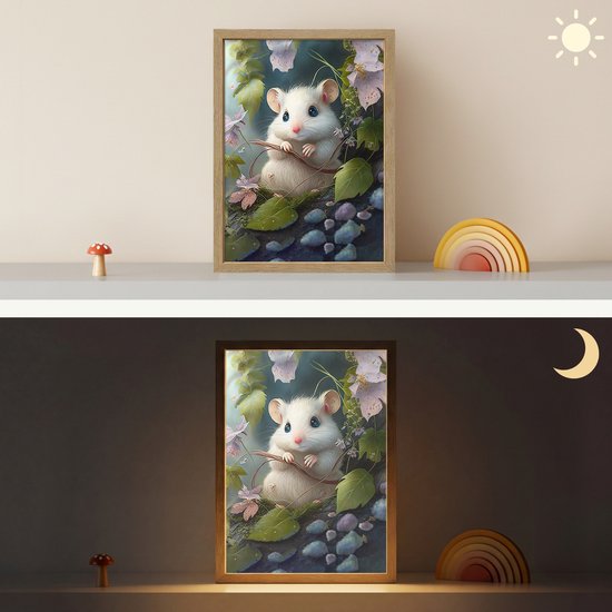 Nachtlampje 30x40 cm - Kinder lamp - Muis - Bos - Bloemen - Illustratie - Bosdieren - Tafellamp kinderkamer draadloos - Slaapkamer lampje - Bedlamp kinderen - Kinderlampje - Wandlamp babykamer - Nachtlampjes van Merkloos — afbeelding 4