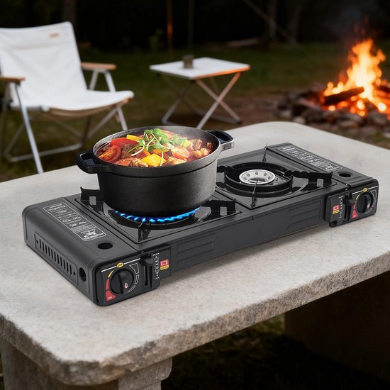 AURORAS-2500W Draagbare Kampeerkachel met 2 Branders en Bakplaat - Draagbare Camping Gasstel in Koffer - Compact & Krachtig van Merkloos — afbeelding 2