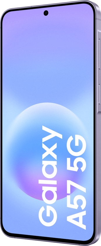Zijkant van de Samsung Galaxy A57 5G in lavendelkleur, met een blauw en paars abstract design op het scherm.